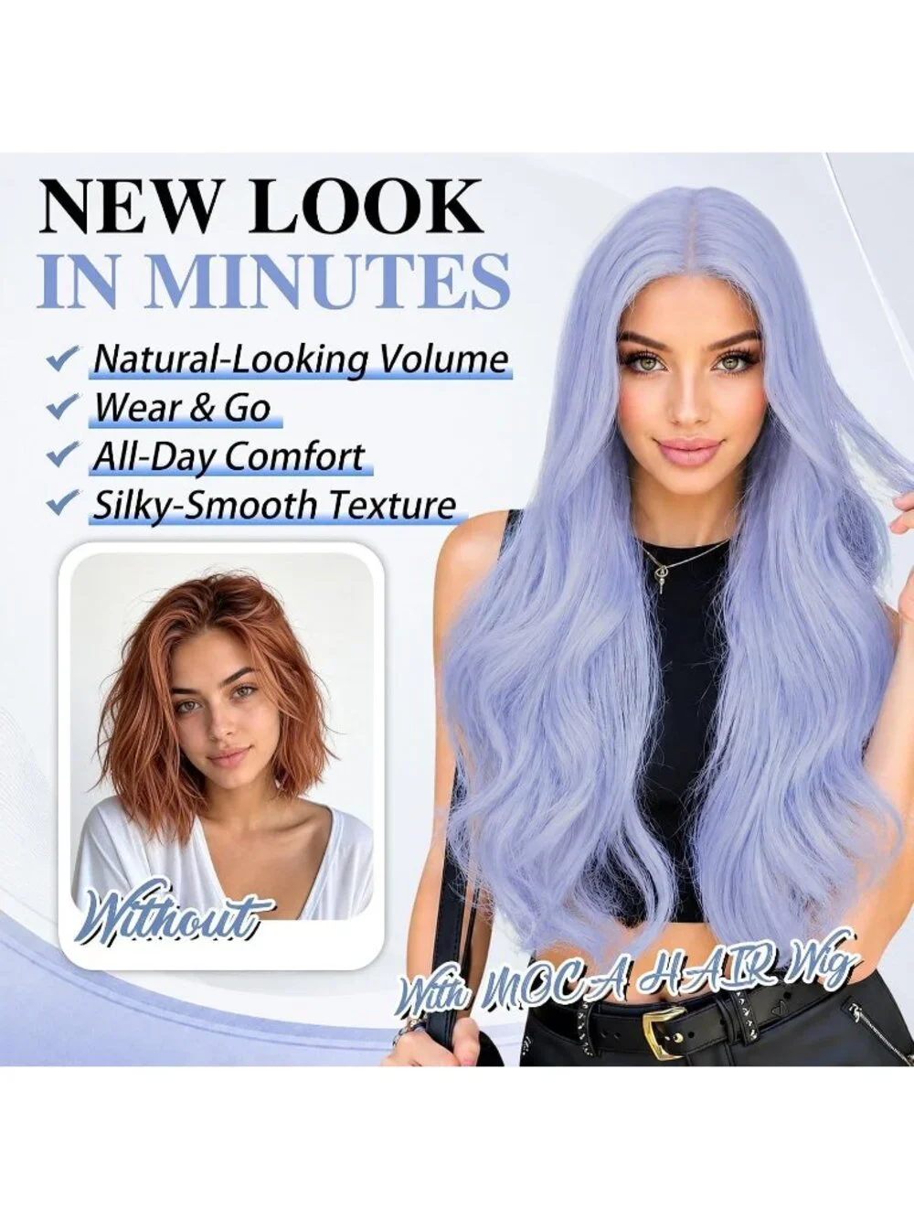 Women's 26 Inch Ice Blue Long Wavy Synthetic Glue Less 4x4 Lace Front Wig